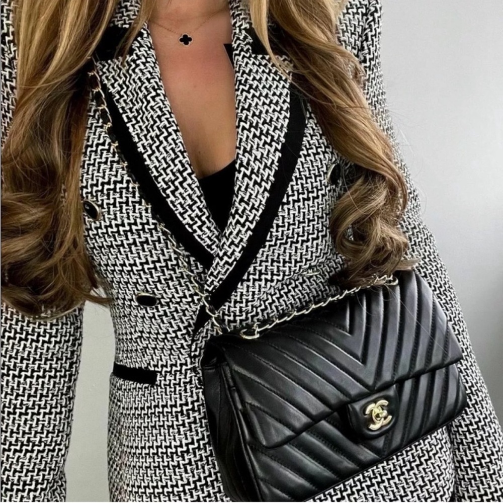 ZARA Structured Double Breasted Blazer Black White Tweed Blogger’s Favorite XL - Picture 4 of 16